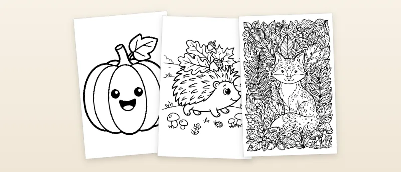 Ausmalbilder Herbst: Kürbis mit Blatt, Igel mit Laub und Fuchs zwischen Blättern