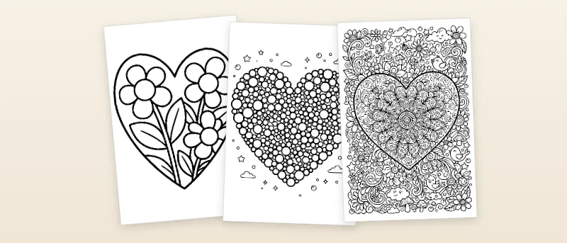Ausmalbilder Herz: Herz mit großen Blüten, Herz aus kleinen Kreisen und Herz mit Mandala-Muster