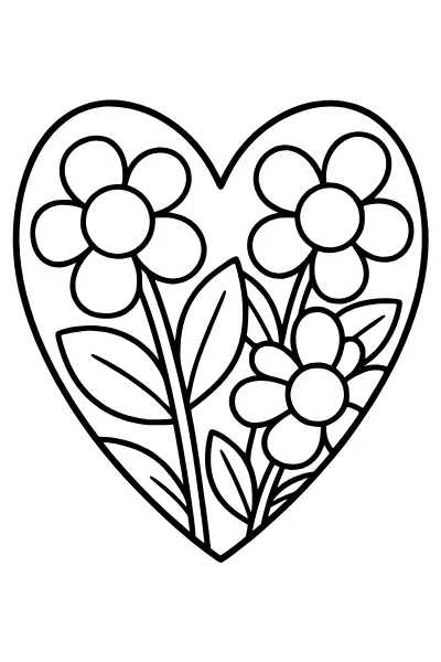 Herz mit großen Blüten – Ausmalbilder Herz als PDF zum Ausdrucken