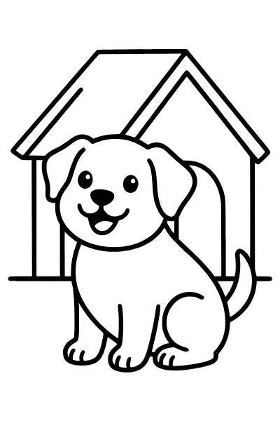 Ausmalbilder Hund: Hund in der Hundehütte, leichtes Motiv für Kleinkinder