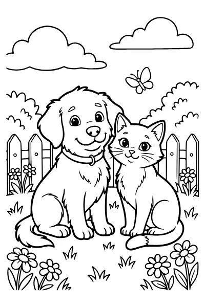 Ausmalbilder Hund: Hund und Katze sitzen nebeneinander