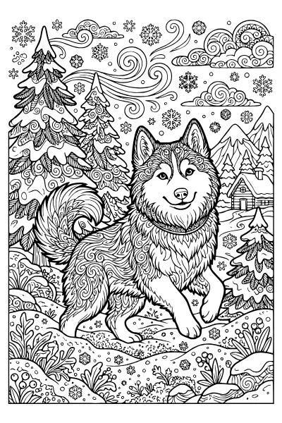 Ausmalbilder Hund: Husky im Schnee mit feinen Felllinien