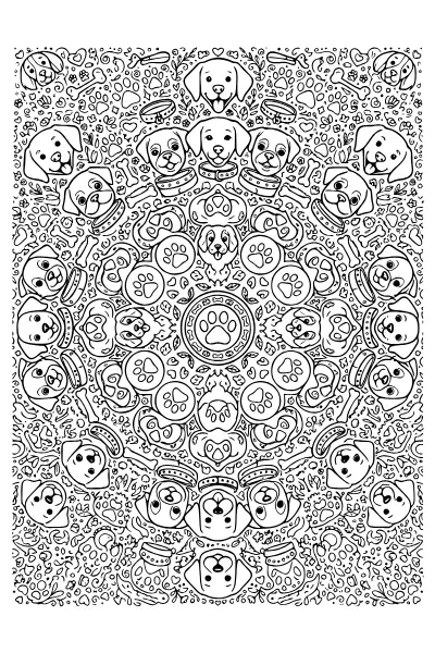 Ausmalbilder Hund Mandala: Hundeköpfe als feines Muster