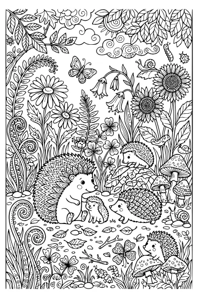 Igel-Familie im Garten – Ausmalbilder Igel zum Ausdrucken