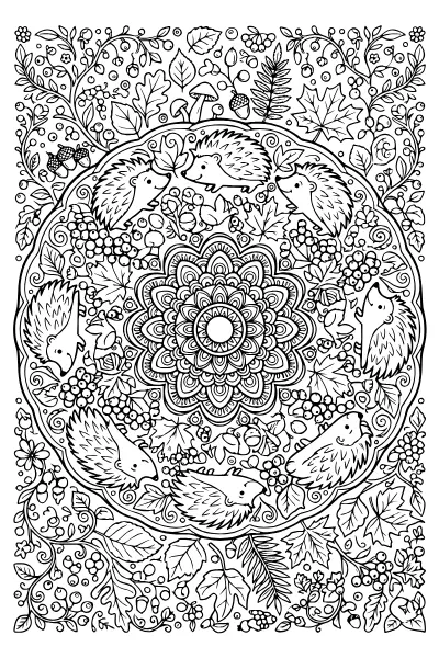 Mandala mit Igeln und Herbstblättern – Ausmalbilder Igel für Kinder