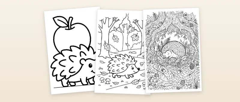 Ausmalbilder Igel: Igel mit Apfel, Igel im Herbstwald und Igel im Winterschlaf-Nest