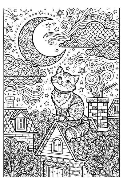 Ausmalbild Katze auf dem Dach bei Nacht – Ausmalbilder Katze mit Sternen
