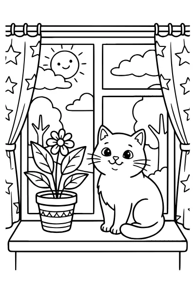 Ausmalbild Katze auf dem Fensterbrett – Ausmalbilder Katze kostenlos