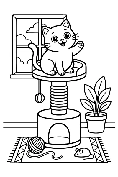 Ausmalbild Katze auf dem Kratzbaum – Ausmalbilder Katze zum Ausdrucken