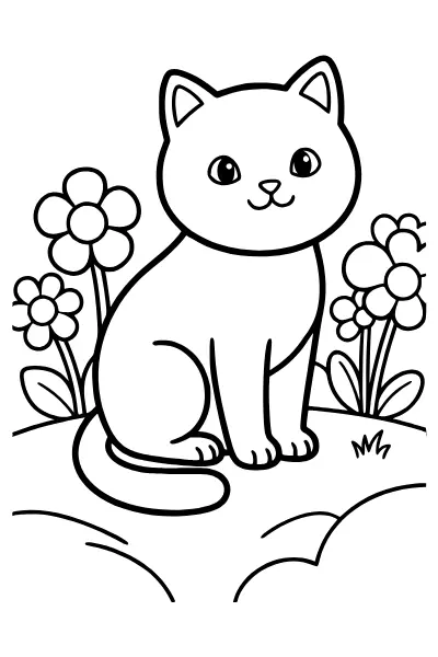 Ausmalbild Katze im Garten – Ausmalbilder Katze für Kita-Kinder