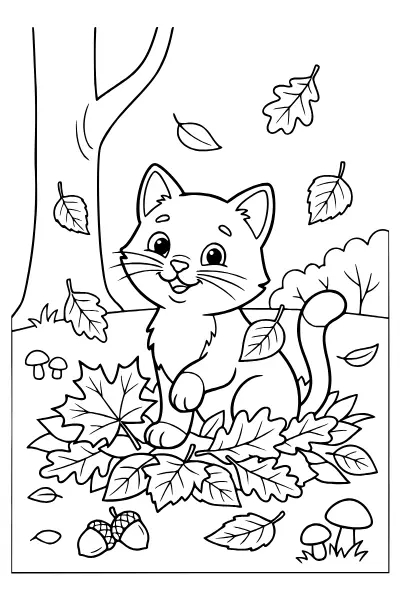 Ausmalbild Katze im Herbstlaub – Ausmalbilder Katze für den Herbst