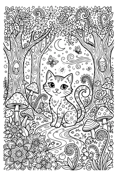 Ausmalbild Katze im Zauberwald – Ausmalbilder Katze zum Ausmalen