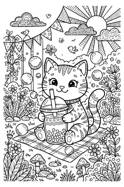 Ausmalbild Katze mit Bubble Tea – Ausmalbilder Katze für ältere Kinder