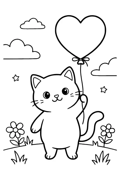Ausmalbild Katze mit Herz-Luftballon – Ausmalbilder Katze zum Ausdrucken