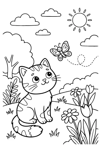 Ausmalbild Katze mit Schmetterling – Ausmalbilder Katze für Schulkinder