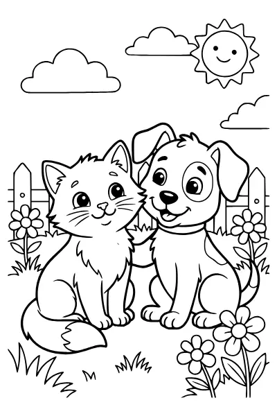 Ausmalbild Katze und Hund als Freunde – Ausmalbilder Katze und Hund