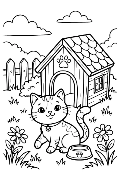 Ausmalbild Katze vor dem Katzenhaus – Ausmalbilder Katze kostenlos