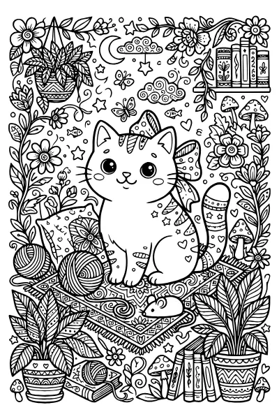 Ausmalbild süße Kawaii-Katze mit Schleife – Ausmalbilder Katze zum Ausdrucken