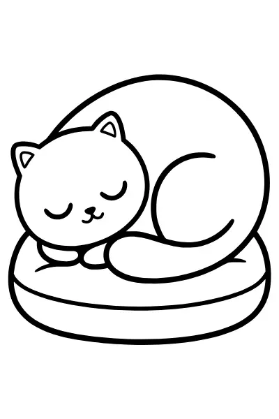 Ausmalbild schlafende Katze auf dem Kissen – Ausmalbilder Katze für Kinder