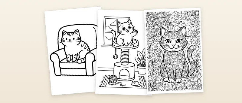 Ausmalbilder Katze: Katze auf dem Sofa, Katze auf dem Kratzbaum und Katze mit Mandala-Muster