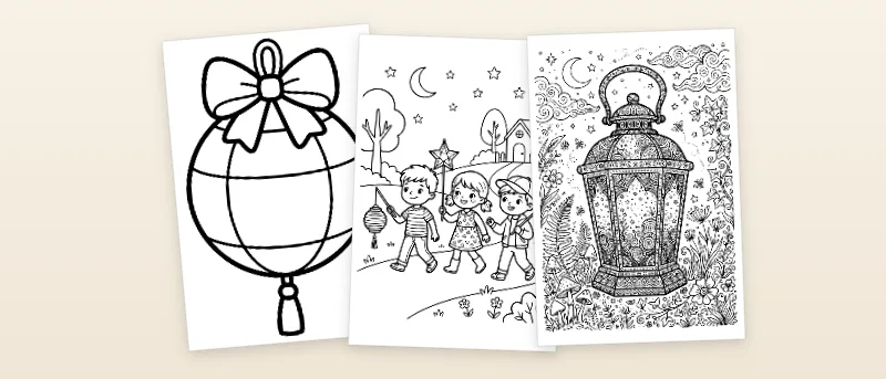 Ausmalbilder Laterne: Lampion mit Schleife, Laternenumzug mit Kindern und Prickellaterne mit feinem Muster
