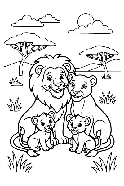 Löwenfamilie in der Savanne – Ausmalbilder Löwe zum Ausdrucken