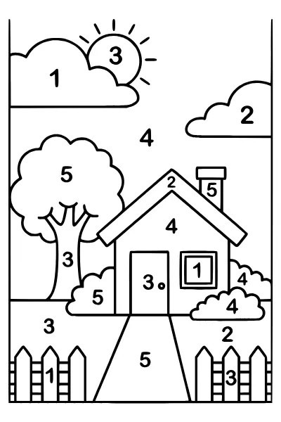 Malen nach Zahlen für Kinder: Haus mit Garten zum Ausmalen