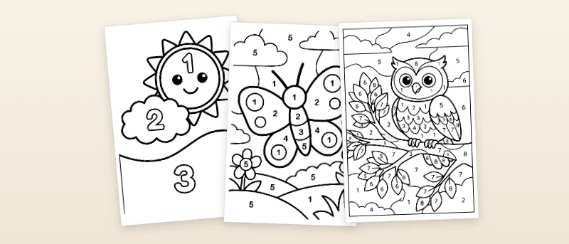 Malen nach Zahlen für Kinder: Sonne mit Wolke, Schmetterling und Eule im Baum