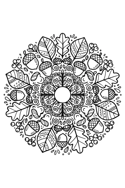 Blätterkranz mit Eicheln – Mandalas zum Ausdrucken