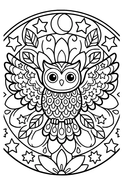 Eule mit Federkreisen – Mandalas zum Ausdrucken