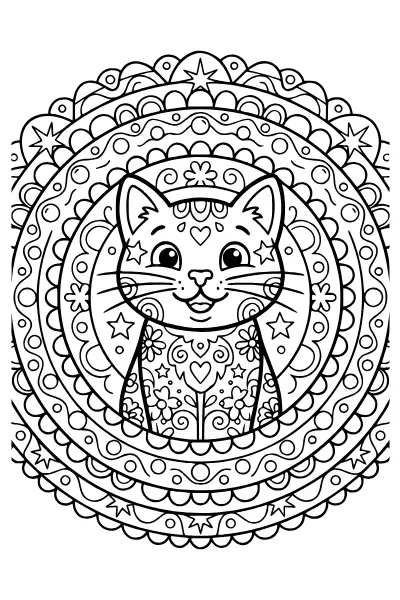 Katze mit Kreisen – Mandalas zum Ausdrucken