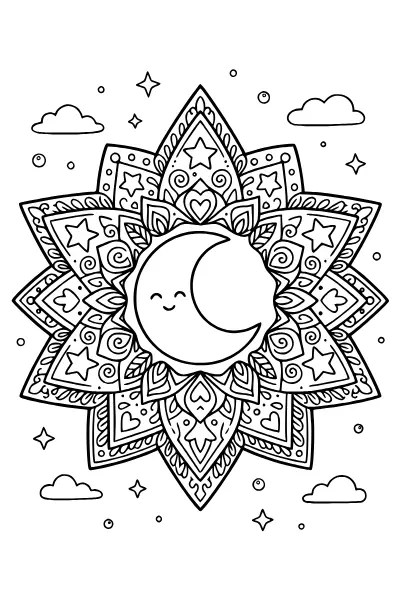 Sternen-Mandala mit Mond – Mandalas zum Ausdrucken