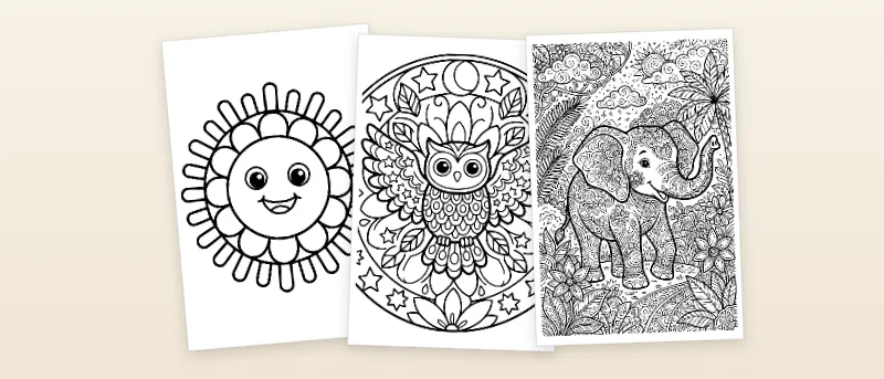 Mandalas zum Ausdrucken zum Ausmalen: Sonne mit Strahlenkranz, Eule mit Federkreisen und Elefant mit Ornamenten