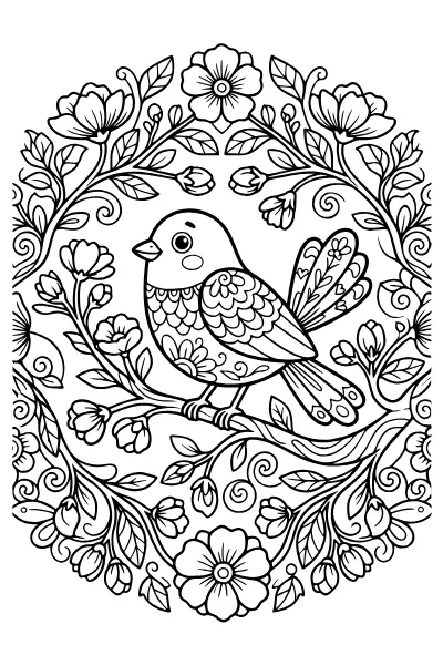 Vogel mit Blütenzweig – Mandalas zum Ausdrucken