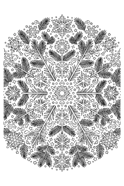Winterkristalle mit Tannenzweigen – Mandalas zum Ausdrucken