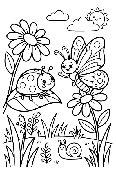 Marienkäfer und Schmetterling im Frühling – Ausmalbilder Marienkäfer