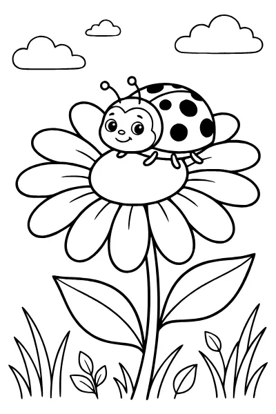 Marienkäfer auf einem Gänseblümchen – Ausmalbilder Marienkäfer im Frühling