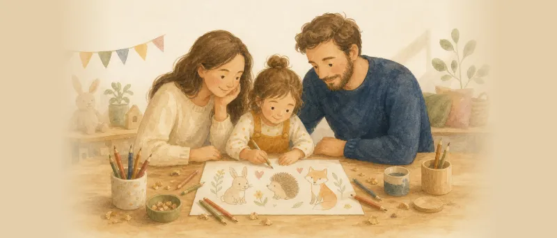 Maltisch im Kinderzimmer mit Buntstiften und Malvorlage als Ausmalbild mit Namen und Tiermotiv