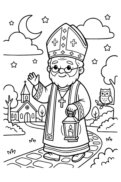 Nikolaus mit Laterne in der Hand zum Ausmalen – Ausmalbilder Nikolaus
