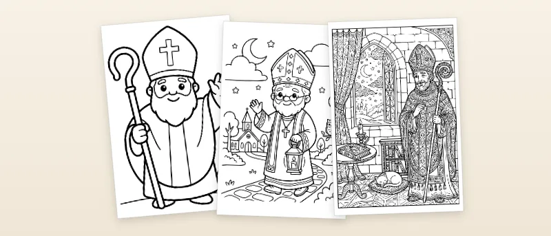 Ausmalbilder Nikolaus: Nikolaus mit Bischofsstab, Nikolaus mit Laterne und Nikolaus am Fenster mit Sternenhimmel