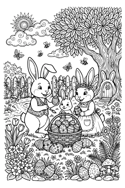 Hasenfamilie mit gemusterten Eiern zum Ausmalen – Ausmalbilder Osterhase für Schulkinder