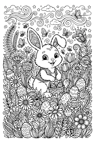 Osterhase im Blumenmeer zum Ausmalen – Ausmalbilder Osterhase für geübte Hände