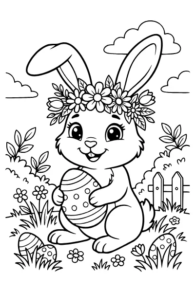 Osterhase mit Blumenkranz zum Ausmalen – Ausmalbilder Osterhase mit mehr Details