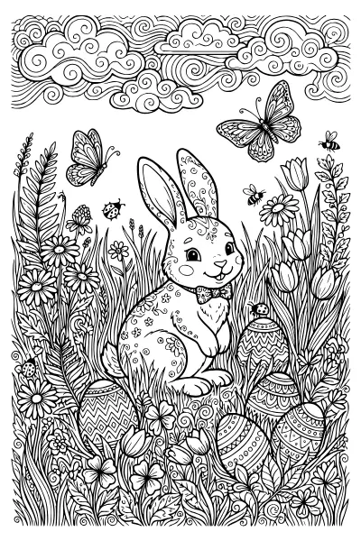 Osterhase mit Schmetterlingen und Gräsern zum Ausmalen – Ausmalbilder Osterhase mit feinen Mustern