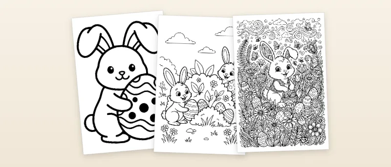 Ausmalbilder Osterhase: Hase mit großem Osterei, Zwei Hasen verstecken Eier und Osterhase im Blumenmeer