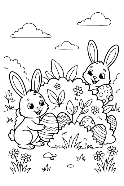 Zwei Hasen verstecken Eier zum Ausmalen – Ausmalbilder Osterhase für Vorschulkinder