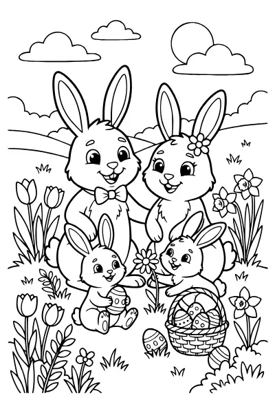 Hasenfamilie im Frühling – Ausmalbilder Ostern zum Ausdrucken