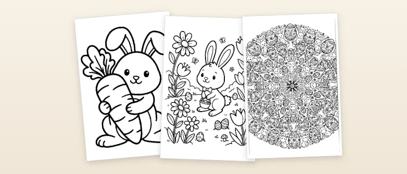 Ausmalbilder Ostern: Osterhase mit Möhre, Osterhase im Garten und Mandala mit Ostereiern und Hasen