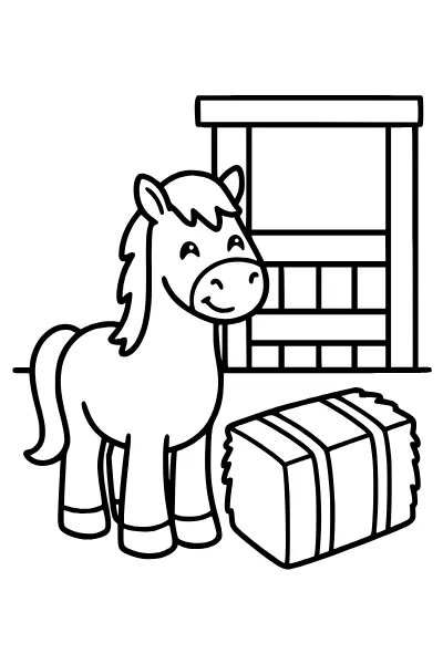 Pferd im Stall mit Heu – Ausmalbilder Pferde zum Ausdrucken