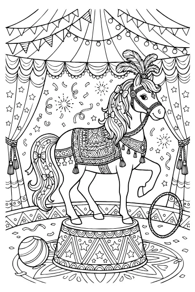 Pferd im Zirkus mit Musterdecke – Ausmalbilder Pferde zum Ausdrucken